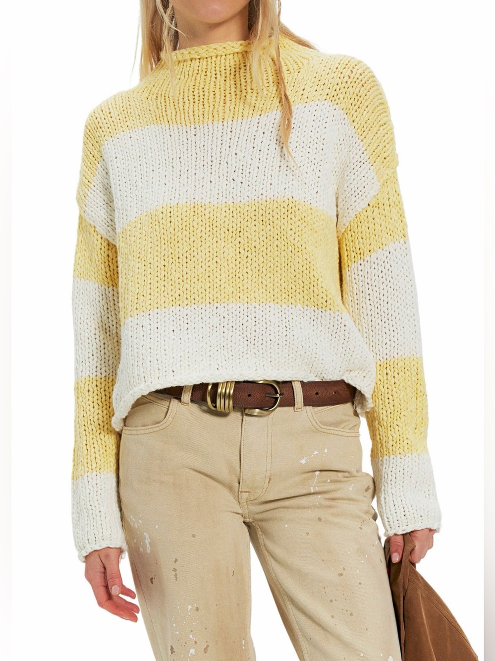 Free People Opal Rugby Rollneck Knit Stripe Sweater in the Lemon Combo Size M